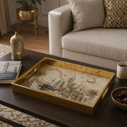 Grand Mosque Crescent Gold Glass Serving Tray – Islamic Heritage glass serving tray shown in a second styled room scene.