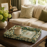 Green Gold Acanthus Plastic Serving Tray – Full Print Border full-print plastic serving tray shown in a styled room scene.