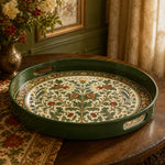Green Morris Pomegranate Plastic Serving Tray – Bird Border plastic serving tray shown in a round product view.