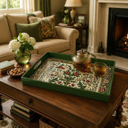 Green Morris Pomegranate Plastic Serving Tray – Bird Border plastic serving tray shown in a rectangular styled scene.