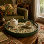 Green Morris Pomegranate Plastic Serving Tray – Bird Border plastic serving tray shown in a round styled scene.