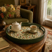 Green Morris Pomegranate Plastic Serving Tray – Bird Border plastic serving tray shown in a round styled scene.