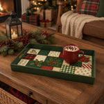 Green Quilt Patchwork Plastic Serving Tray – Plaid Poinsettia plastic serving tray shown in a rectangular styled scene.