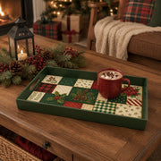 Green Quilt Patchwork Plastic Serving Tray – Plaid Poinsettia plastic serving tray shown in a rectangular styled scene.