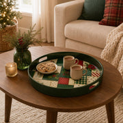 Green Quilt Patchwork Plastic Serving Tray – Plaid Poinsettia plastic serving tray shown in a round styled scene.