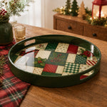 Green Quilt Patchwork Plastic Serving Tray – Plaid Poinsettia plastic serving tray shown in a round product view.