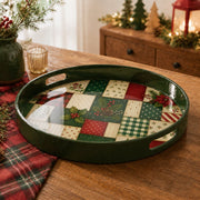 Green Quilt Patchwork Plastic Serving Tray – Plaid Poinsettia plastic serving tray shown in a round product view.