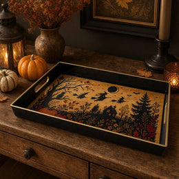 Halloween Silhouette Plastic Serving Tray – Bats Haunted House plastic serving tray shown in a rectangular product view.