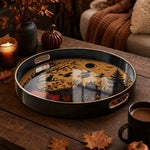 Halloween Silhouette Plastic Serving Tray – Bats Haunted House plastic serving tray shown in a round product view.