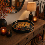 Halloween Silhouette Plastic Serving Tray – Bats Haunted House plastic serving tray shown in a round styled scene.