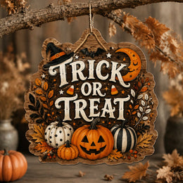 Halloween Trick or Treat Hanging Wall Decor – Rustic Wood Moon Sign - MintiHome