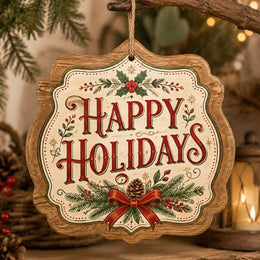 Happy Holidays Shield MDF Wood Hanging Wall Decor – Holly hanging wall decor with printed artwork and cut silhouette.