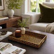 Honey Leopard Print Plastic Serving Tray – Full Print Border full-print plastic serving tray shown in a styled room scene.