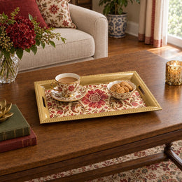 Valentine's Day Decorative Serving Tray – Crimson Jacobean Medallion irregular moulded plastic serving tray styled on a table.