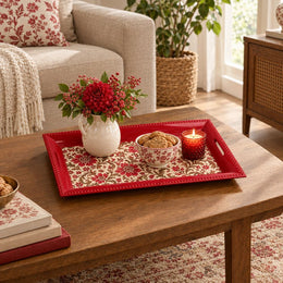 Valentine's Day Decorative Serving Tray – Crimson Acanthus Allover irregular moulded plastic serving tray styled on a table.