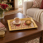 Valentine's Day Decorative Serving Tray – Banded Jacobean Panel Trio irregular moulded plastic serving tray styled on a table.