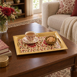 Valentine's Day Decorative Serving Tray – Banded Jacobean Panel Trio irregular moulded plastic serving tray styled on a table.