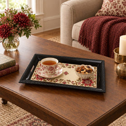 Valentine's Day Decorative Serving Tray – Corner Bloom Open Centre irregular moulded plastic serving tray styled on a table.