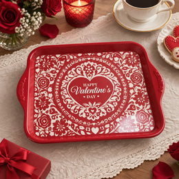 Valentine's Day Decorative Serving Tray – Crimson Lace Heart Medallion - MintiHome