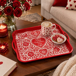 Valentine's Day Decorative Serving Tray – Crimson Lace Banded Panels - MintiHome
