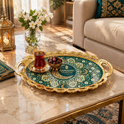 Ramadan Decorative Serving Tray – Teal Crescent Medallion Oval - MintiHome