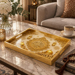 Islamic Calligraphy Glass Serving Tray – Mosque Domes glass serving tray shown in a first styled room scene.