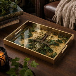 Ivy Vine Heritage Sword Glass Serving Tray – Gold Celtic Border glass serving tray shown in a product view.