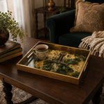 Ivy Vine Heritage Sword Glass Serving Tray – Gold Celtic Border glass serving tray shown in a second styled room scene.