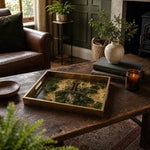 Ivy Vine Heritage Sword Glass Serving Tray – Gold Celtic Border glass serving tray shown in a first styled room scene.