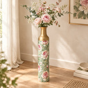 Vintage Peony Metal Flower Vase – Sage Green Blush Blooms decorative metal vase shown in a styled room scene.
