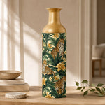 Jungle Leopard Metal Flower Vase – Tropical Palm Leaves decorative metal vase shown in a styled room scene.