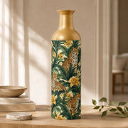 Jungle Leopard Metal Flower Vase – Tropical Palm Leaves decorative metal vase shown in a styled room scene.