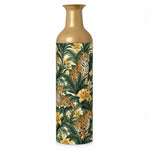 Jungle Leopard Metal Flower Vase – Tropical Palm Leaves decorative metal vase shown in a product view.