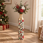 Christmas Bauble Metal Flower Vase – Poinsettia Pinecone decorative metal vase shown in a styled room scene.