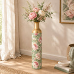 Vintage Peony Metal Flower Vase – Blush Garden Bouquet decorative metal vase shown in a styled room scene.