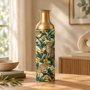 Jungle Leopard Metal Flower Vase – Yellow Bloom Canopy decorative metal vase shown in a styled room scene.