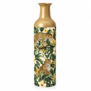 Jungle Leopard Metal Flower Vase – Hibiscus Leafy Branch decorative metal vase shown in a product view.