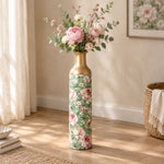 Vintage Peony Metal Flower Vase – Sage Peony Meadow decorative metal vase shown in a styled room scene.