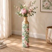 Vintage Peony Metal Flower Vase – Sage Peony Meadow decorative metal vase shown in a styled room scene.
