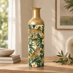 Jungle Leopard Metal Flower Vase – Hibiscus Leafy Branch decorative metal vase shown in a styled room scene.
