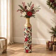 Christmas Gold Bell Metal Flower Vase – Poinsettia Berry decorative metal vase shown in a styled room scene.