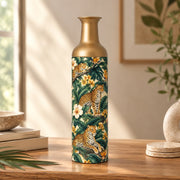 Jungle Leopard Metal Flower Vase – Bird of Paradise Foliage decorative metal vase shown in a styled room scene.