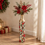 Christmas Ornament Metal Flower Vase – Holly Bauble Wreath decorative metal vase shown in a styled room scene.