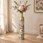Vintage Peony Metal Flower Vase – Cream Rose Peony Spray decorative metal vase shown in a styled room scene.