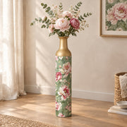 Vintage Peony Metal Flower Vase – Cream Rose Peony Spray decorative metal vase shown in a styled room scene.