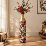 Christmas Poinsettia Metal Flower Vase – Gold Star Bell decorative metal vase shown in a styled room scene.