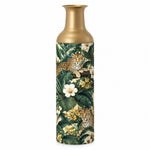 Jungle Leopard Metal Flower Vase – Monstera White Hibiscus decorative metal vase shown in a product view.