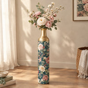 Emerald Bloom Metal Flower Vase – Teal Dusty Rose Peony Chintz decorative metal vase shown in a styled room scene.