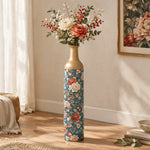 Amber Scroll Metal Flower Vase – Navy Terracotta Peony Chintz decorative metal vase shown in a styled room scene.