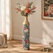 Amber Scroll Metal Flower Vase – Navy Terracotta Peony Chintz decorative metal vase shown in a styled room scene.